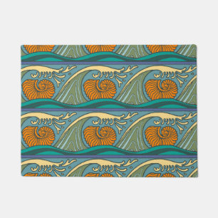 Blue Ocean Waves Nautilus Seashell Pattern Nouveau Doormat