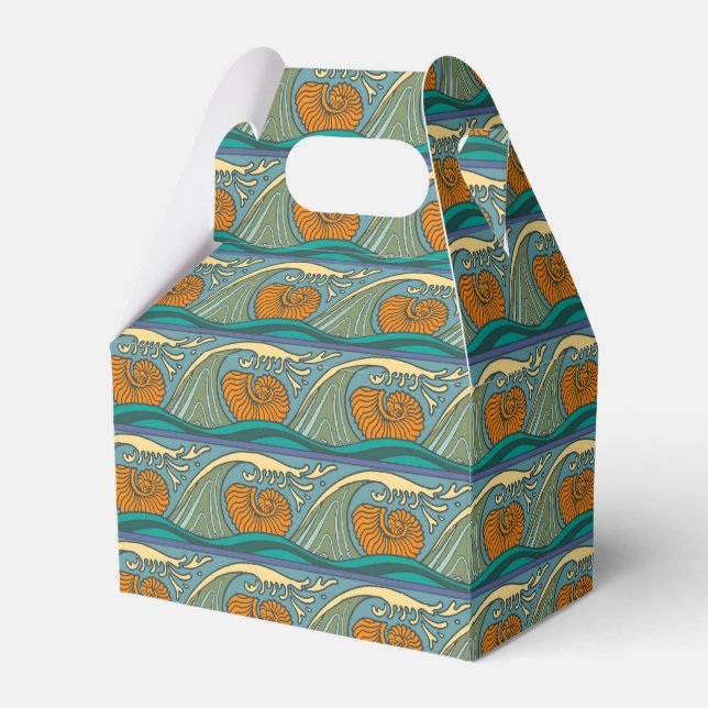 Blue Ocean Waves Nautilus Seashell Pattern Nouveau Favor Box (Front Side)
