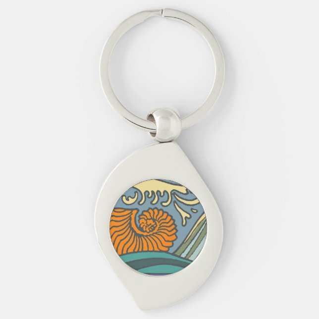 Blue Ocean Waves Nautilus Seashell Pattern Nouveau Keychain (Front)