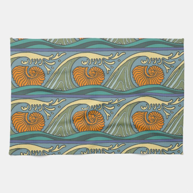 Blue Ocean Waves Nautilus Seashell Pattern Nouveau Kitchen Towel (Horizontal)