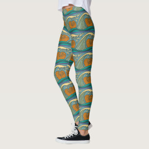 Blue Ocean Waves Nautilus Seashell Pattern Nouveau Leggings