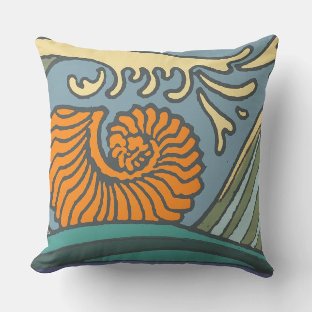 Blue Ocean Waves Nautilus Seashell Pattern Nouveau Outdoor Pillow (Front)
