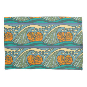 Blue Ocean Waves Nautilus Seashell Pattern Nouveau Pillowcase