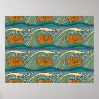 Blue Ocean Waves Nautilus Seashell Pattern Nouveau