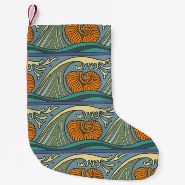 Blue Ocean Waves Nautilus Seashell Pattern Nouveau Small Christmas Stocking (Front)