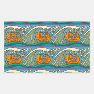 Blue Ocean Waves Nautilus Seashell Pattern Nouveau Sticker