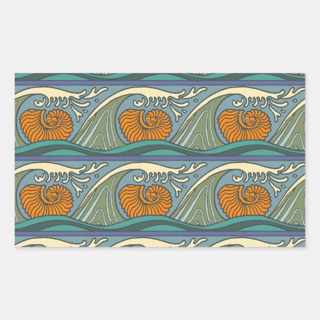 Blue Ocean Waves Nautilus Seashell Pattern Nouveau Sticker (Front)