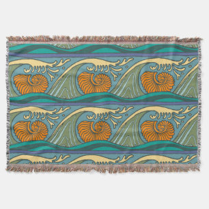 Blue Ocean Waves Nautilus Seashell Pattern Nouveau Throw Blanket