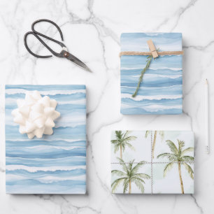 Blue Ocean Waves Palm Trees Wedding Wrapping Paper Sheet