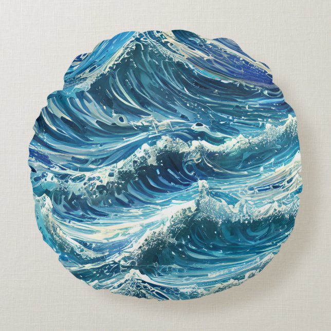 Blue Ocean Waves Round Pillow (Front)