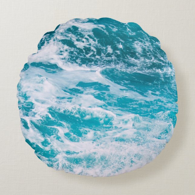 Blue Ocean Waves Round Pillow (Front)