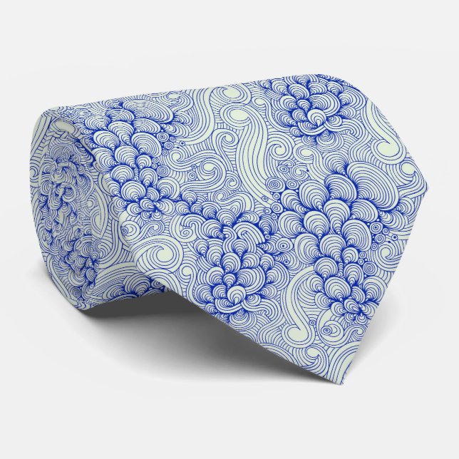 Blue Ocean Waves & Seashell Pattern Tie (Rolled)