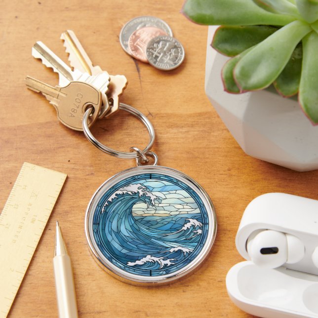 Blue Ocean Waves Sunset Stained Glass Keychain (Desk)