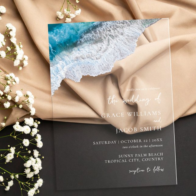Blue Ocean Waves Tropical Beach Wedding Acrylic Invitations (Creator Uploaded)