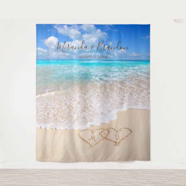 Blue Ocean Waves Tropical Beach Wedding Backdrop Tapestry (Front)