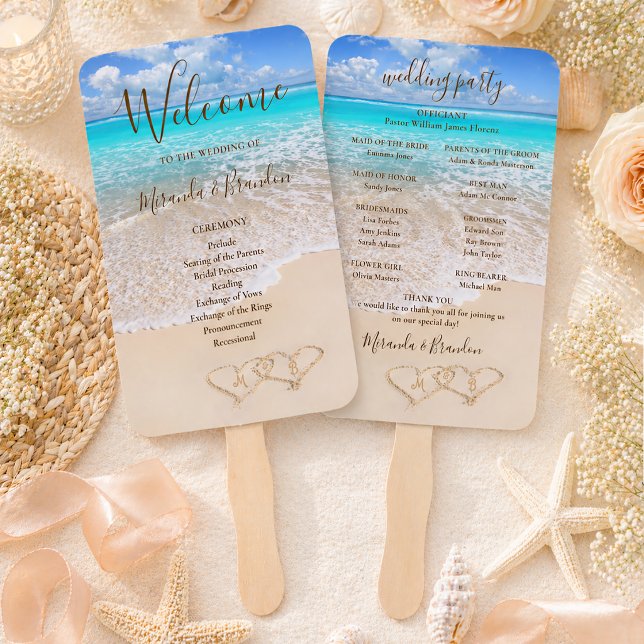 Blue Ocean Waves Tropical Beach Wedding Program Hand Fan (Creator Uploaded)