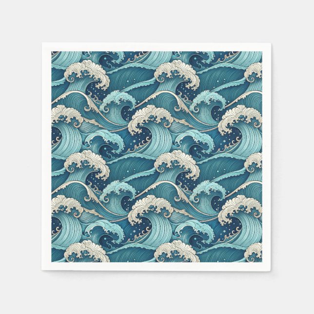 Blue Ocean Waves Tropical Summer Japanese Pattern Napkin (Front)