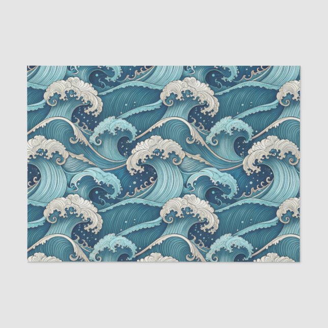 Blue Ocean Waves Tropical Summer Japanese Pattern Tissue Paper (Front)