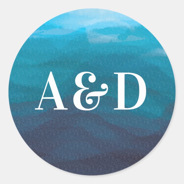 Blue Ocean Waves Watercolor Wedding Sticker, Classic Round Sticker (Front)