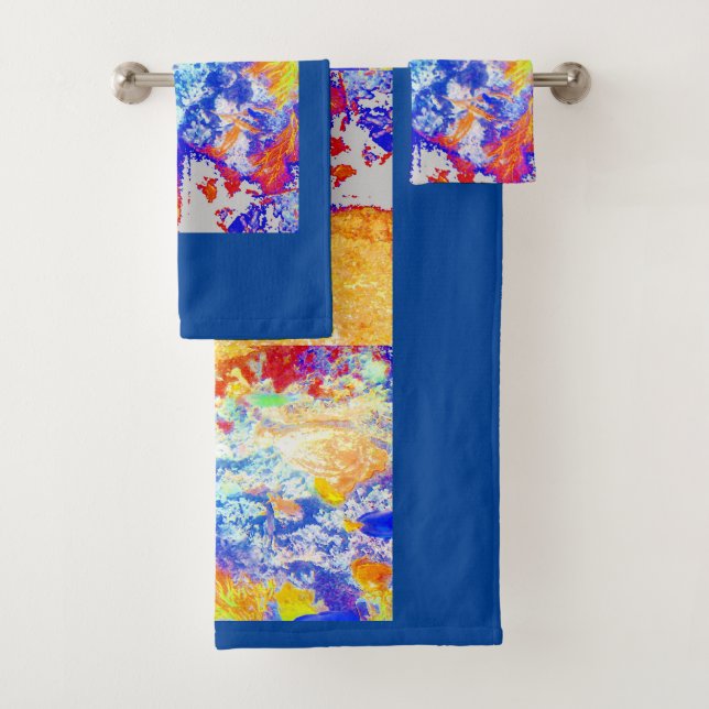 Blue Ocean Waves Whimsical Marine Abstract Art Fun Bath Towel Set (Insitu)