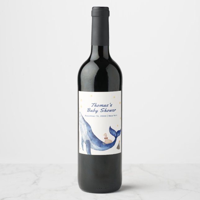 Blue Ocean Whimsical Duck Stars Whale Baby Shower Wine Label (Front)