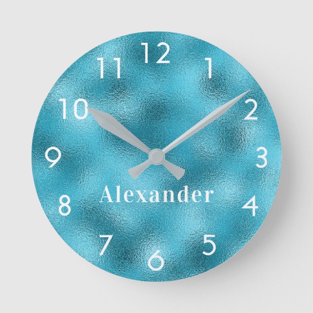 Blue ocean white monogram name round clock (Front)