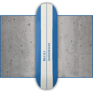 Blue Ocean, White Sand, Blue Text, Retro Skateboard