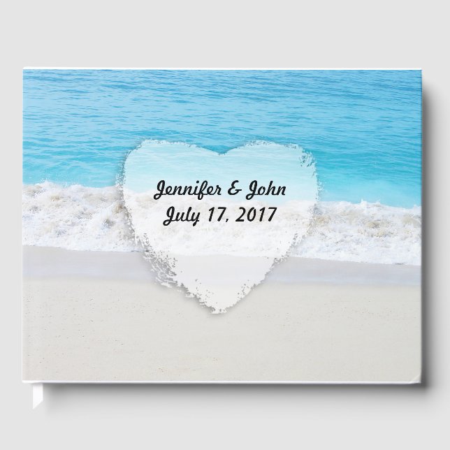 Blue Ocean White Sand Heart Wedding Guest Book (Front)