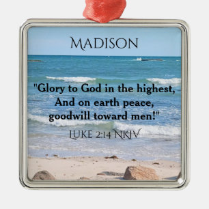 Blue Ocean with Christmas Verse Custom Name Metal Ornament