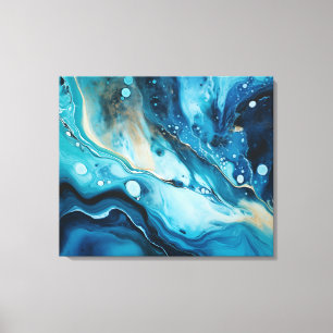 Blue Ocean with Gold Swirl Acrylic Paint Pour Canvas Print