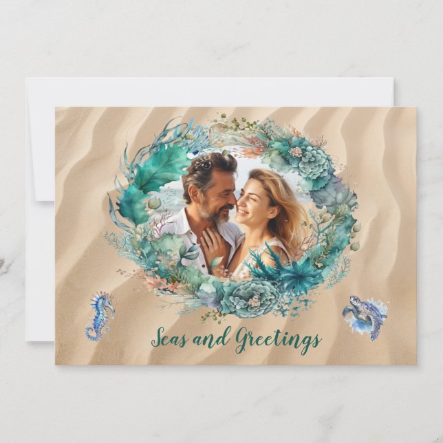 Blue Ocean Wreath Christmas Photo Card (Front)