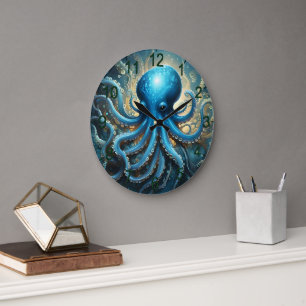 Blue Octopus Abstract Acrylic Art, Large Clock