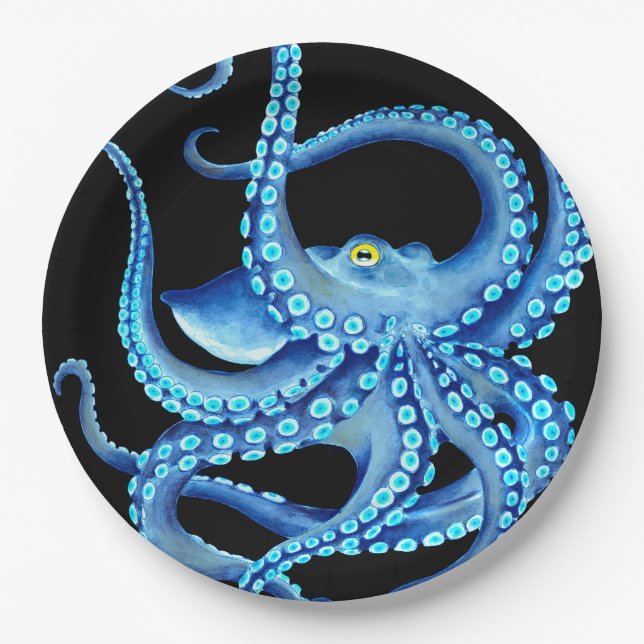 Blue Octopus Black Paper Plate (Front)