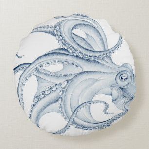 Blue Octopus Cephalopod Kraken Ink Round Pillow