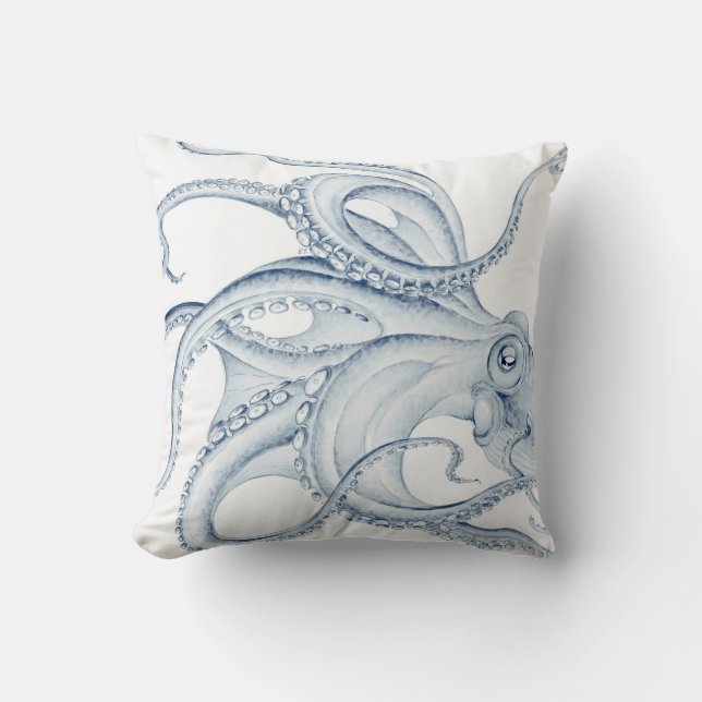Blue Octopus Cephalopod Kraken Ink Throw Pillow (Front)