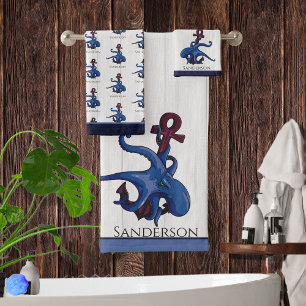  Blue Octopus Coastal White Wood  Nautical Bath To Towel Set