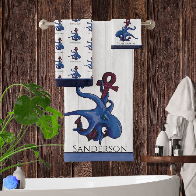  Blue Octopus Coastal White Wood  Nautical Bath To Towel Set (Creator Uploaded)