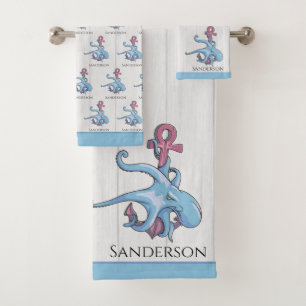  Blue Octopus Coastal White Wood  Nautical Bath Towel Set