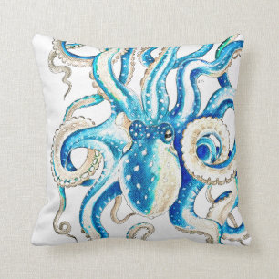 Blue Octopus Comic Style Throw Pillow