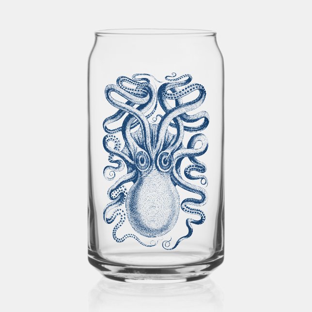 Blue Octopus Graphic Vintage Drawing Can Glass (Front)