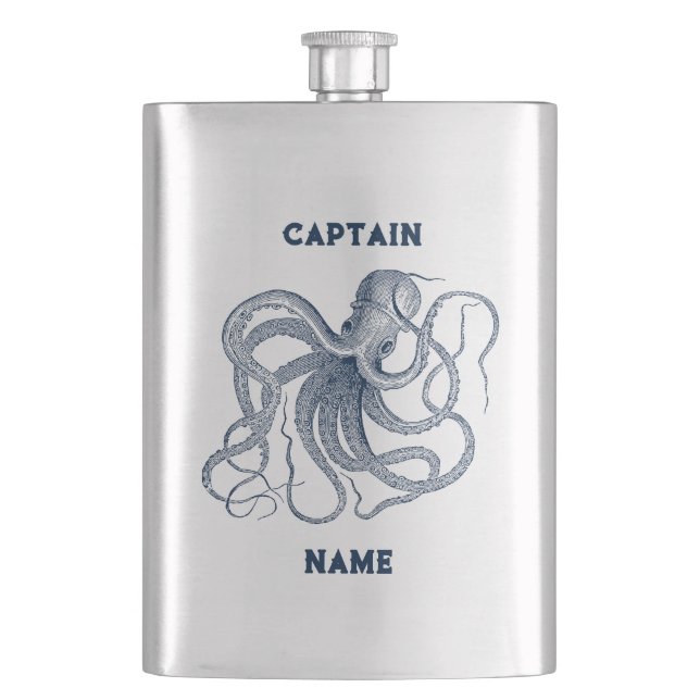 Blue octopus illustration custom name and captain hip flask (Front)