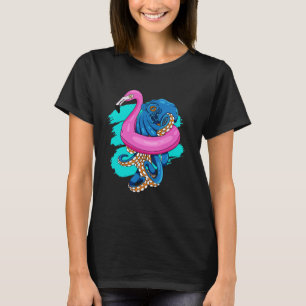 Blue Octopus in Pink Flamingo Float Pool Party Fun T-Shirt