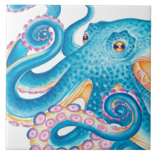 Blue Octopus Kraken Orange Pink Watercolor Tile