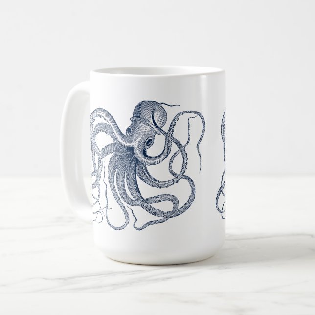 Blue Octopus Nautical illustration Coffee Mug (Front Left)