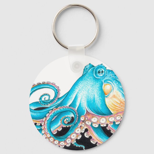Blue Octopus On White Ink Keychain (Front)