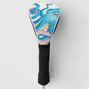 Blue Octopus Orange Pink Watercolor Art Golf Head Cover