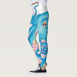 Blue Octopus Orange Pink Watercolor Art Leggings