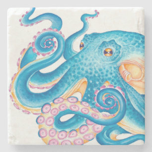 Blue Octopus Orange Pink Watercolor Art Stone Coaster