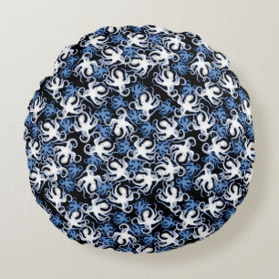 Blue Octopus Repeating Pattern Round Pillow