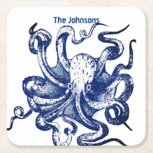 Blue Octopus Square Paper Coaster
